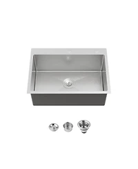 flynama Overmount Single Bowl Dark Gray 304 Stainless Steel Handmade Kitchen Sink with Us Standard Drain and Hook