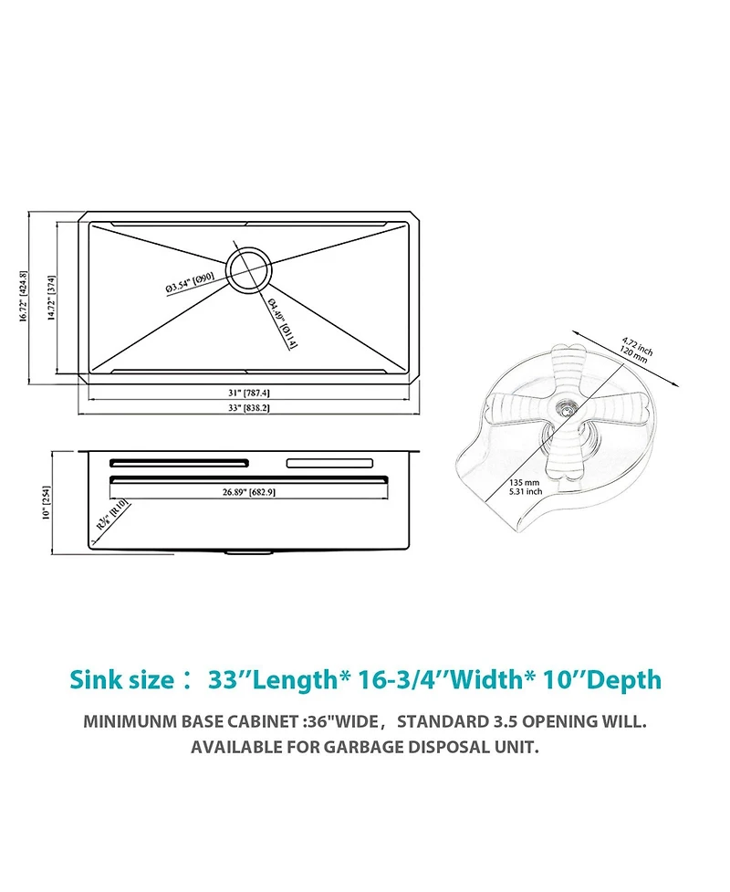 flynama 33x16.72x10inch Undermount Waterfall Kitchen Sink Stainless Steel Workstation with Faucet