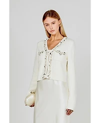 endless rose Women's Boucle Knit Jewel Trim Cardigan