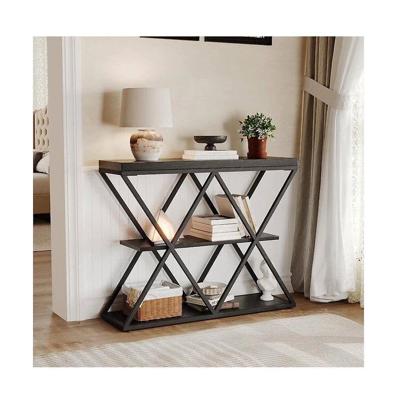 gaomon Industrial 3-Tier Entryway Table with X-Shaped Metal- Warm Rustic Vintage Wood Tone, Double X Metal Frames 2 Shelves, Versatile for Living