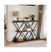 gaomon Industrial 3-Tier Entryway Table with X-Shaped Metal- Warm Rustic Vintage Wood Tone, Double X Metal Frames 2 Shelves, Versatile for Living