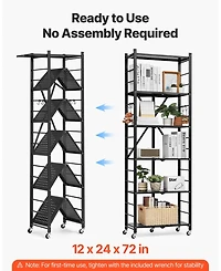 Mecale 6-Tier Foldable Storage Shelf, No-Assembly Metal Rack w/ Wheels & Hooks