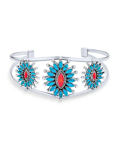 Bling Jewelry Western Navajo Style Red Blue Turquoise Conoch Flower Blossom Wide Cuff Bracelet .925 Sterling Silver