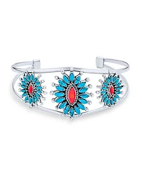 Bling Jewelry Western Navajo Style Red Blue Turquoise Conoch Flower Blossom Wide Cuff Bracelet .925 Sterling Silver