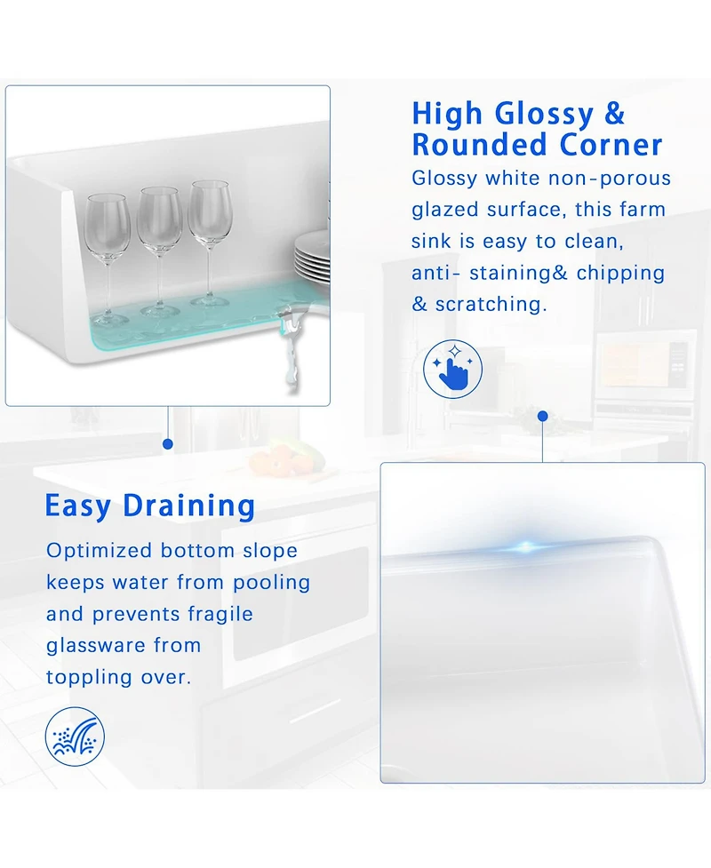 flynama 33x20 Inch Fireclay Workstation Farmhouse Kitchen Sink Single Bowl With Accessories Sound Dampening Heat Stain Scratch Rust Resistant