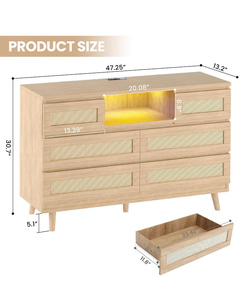 Gaomon Rattan Dresser for Bedroom, 47" Wide Chest of Dressers with 6 Deep Drawers