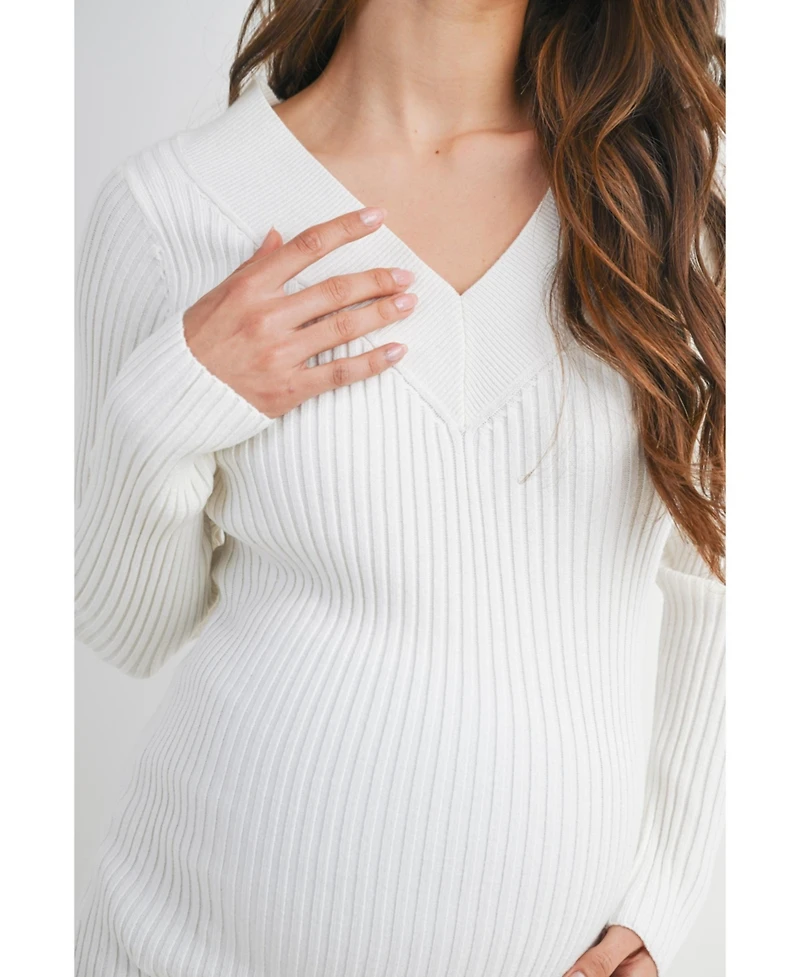 Hello Miz Maternity Ribbed Knit V Neck Long Sleeve Sweater