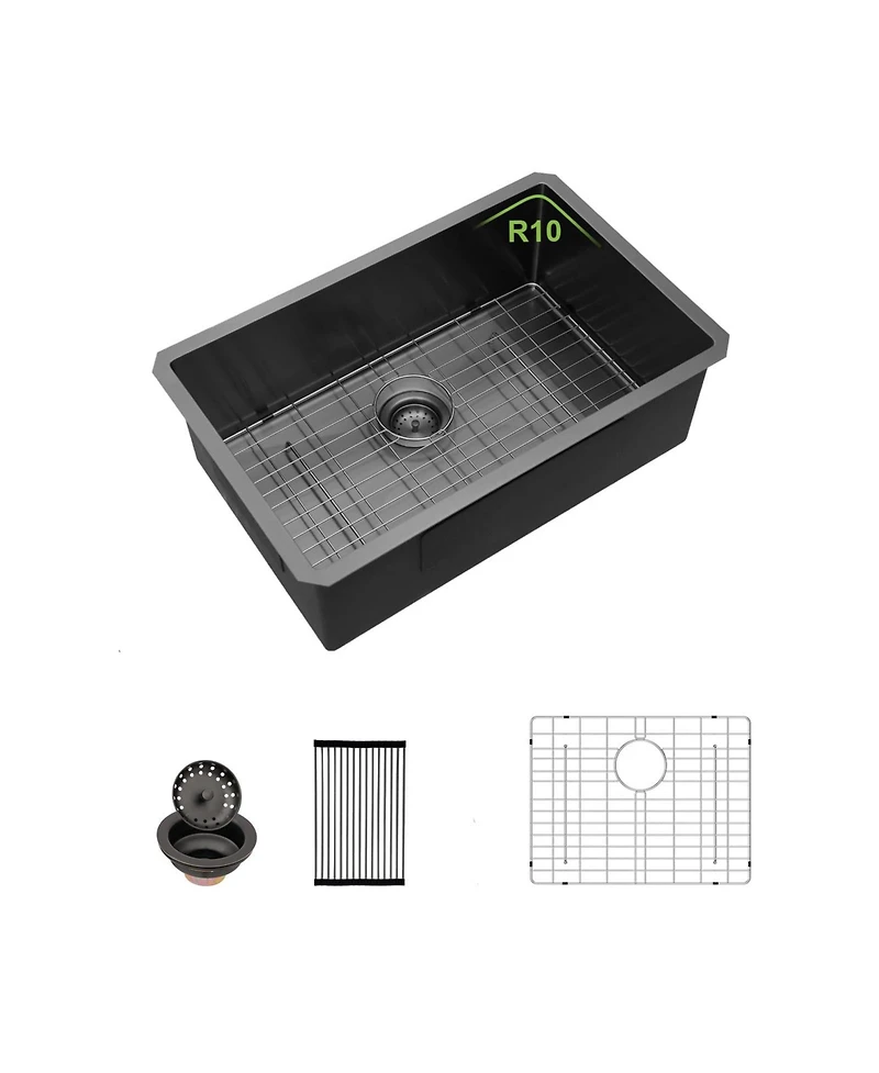 flynama 28x18x10inch Gunmetal Black Undermount Kitchen Sink Single Bowl Stainless Steel 16 Gauge