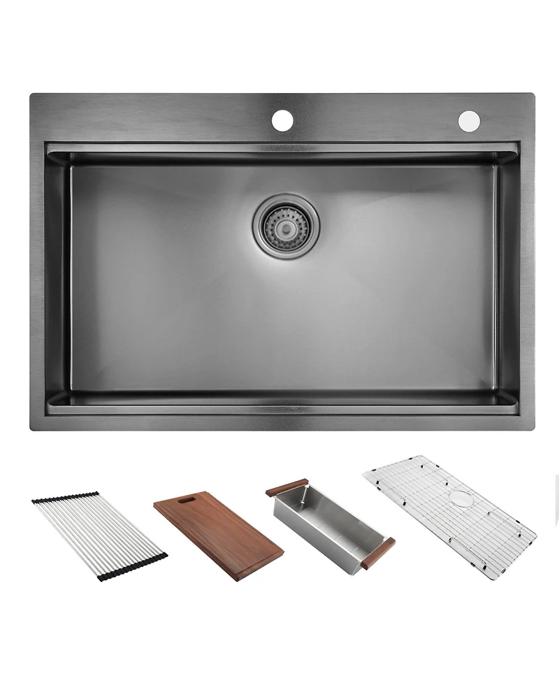 flynama 36x22inch Gunmetal Black Workstation Kitchen Sink 16 Gauge Stainless Steel with Accessories