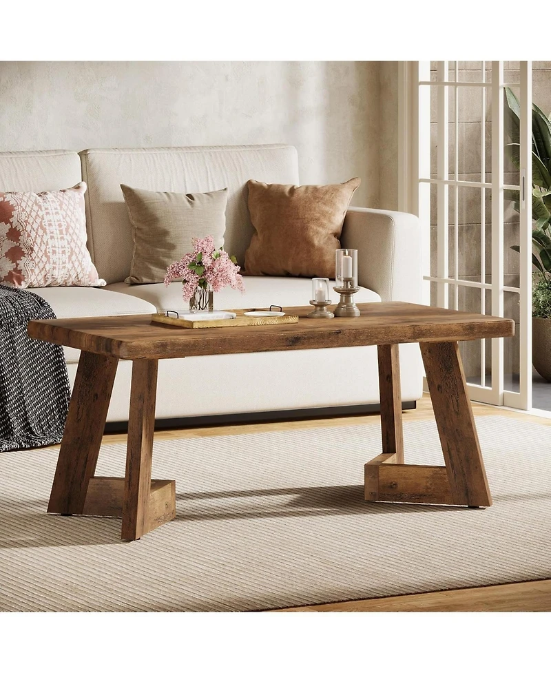 Tribesigns Coffee Table, Farmhouse Center Table with V-Shaped Legs, 47.2 x 23.6 Inches Rectangle Living Room Tables, Easy to Assemble, Rustic Brown