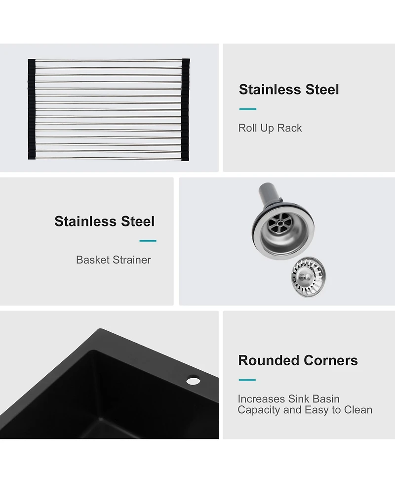 flynama 25x22x9.65inch Black Quartz Composite Kitchen Sink Drop In Single Bowl Granite