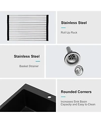 flynama 25x22x9.65inch Black Quartz Composite Kitchen Sink Drop In Single Bowl Granite