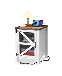 gaomon Farmhouse Nightstand With Charging Station And Barn Door Storage Rustic End Table Sofa Side Table For Bedroom