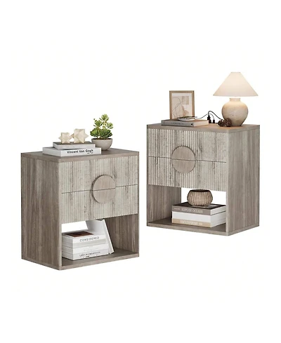 gaomon Home Fluted Nightstand Set Of 2 With Charging Station Side Table With 2 Drawer Modern Farmhouse Nightstand
