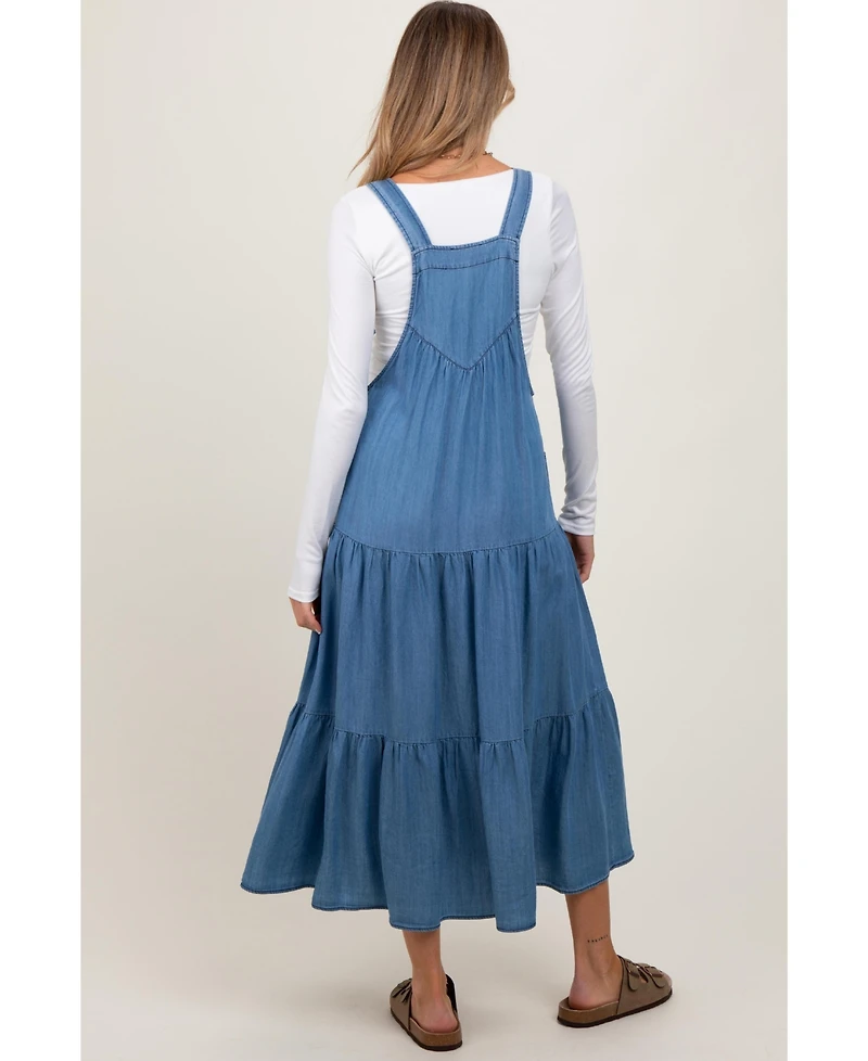 Pinkblush Women's Blue Chambray Overall Tiered Maternity Midi Dress