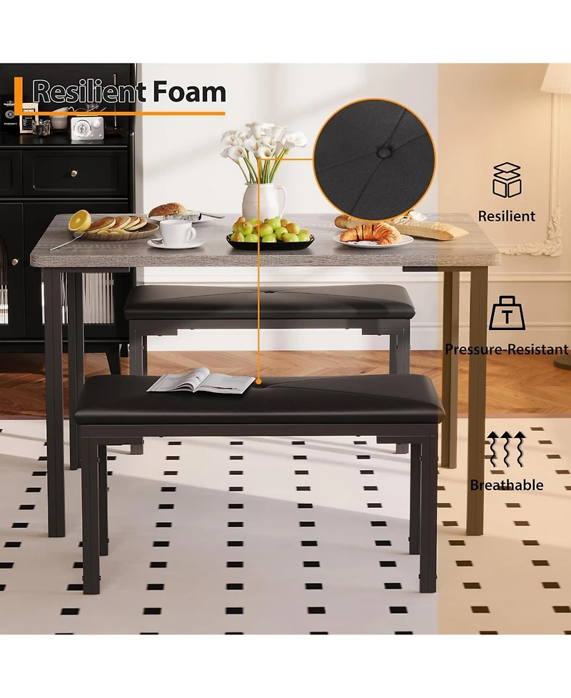 gaomon Dining Table Set for 4, 3-Piece Kitchen with 2 Upholstered Benches, Space-Saving Room Breakfast Nook and Small Spaces