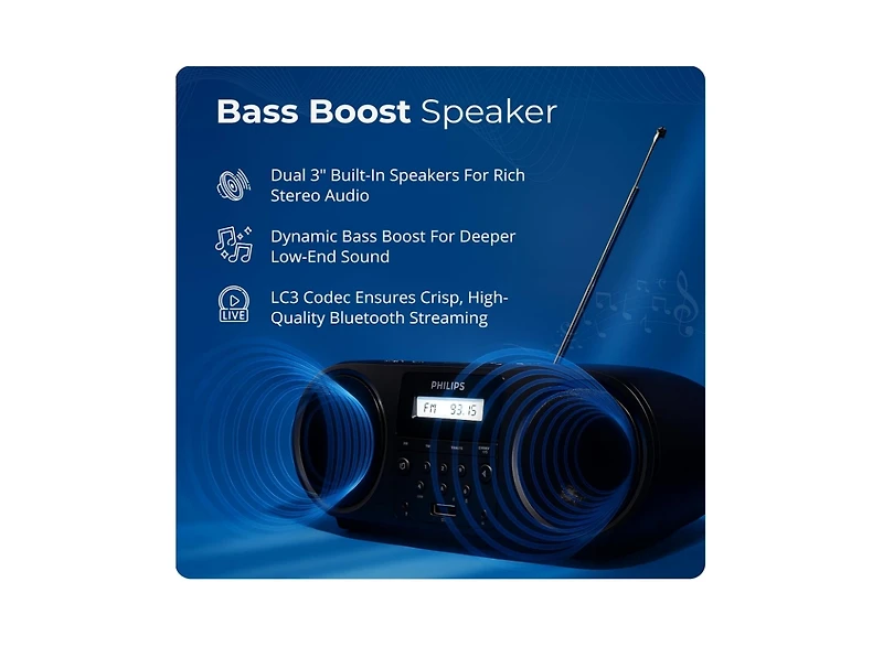 Philips Portable Cd Player Boombox with Bluetooth, Dual Speakers, Dynamic Bass Boost, Fm Radio, Usb & Aux Input, Headphone Jack, Cd-r/Cd-rw/MP3 Player