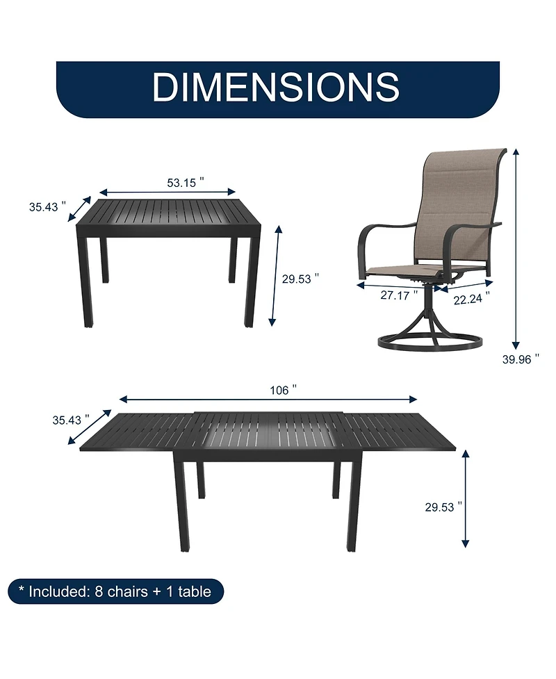 Boyel Living 9-Piece Outdoor Dining Set with Aluminum Extendable Table 53"- 106" and Swivel Dining Chair