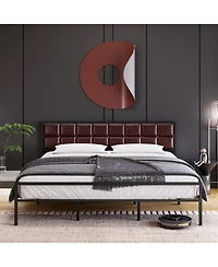 gaomon Size Bed Frame, Faux Leather Platform Bed Frame with Upholstered Square Stitched Headboard