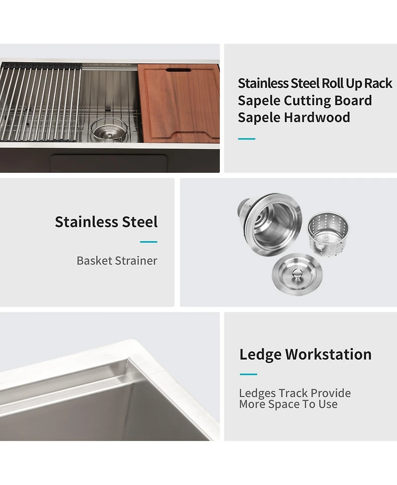 flynama 30x19x10inch Undermount Workstation Kitchen Sink Stainless Steel Single Bowl 16 Gauge