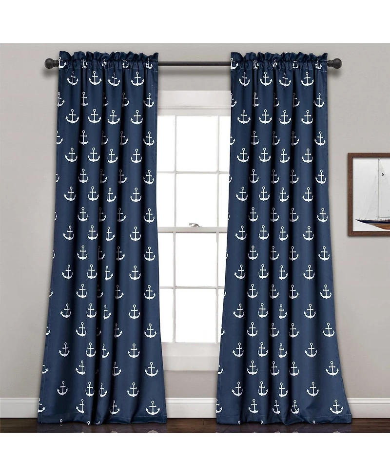 Slickblue 84x52 Inch Navy Nautical Anchor Curtain Set, 2 Panels