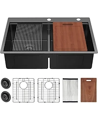 flynama 33inch Gunmetal Black Topmount Workstation Kitchen Sink 16 Gauge Stainless Steel Double Bowl