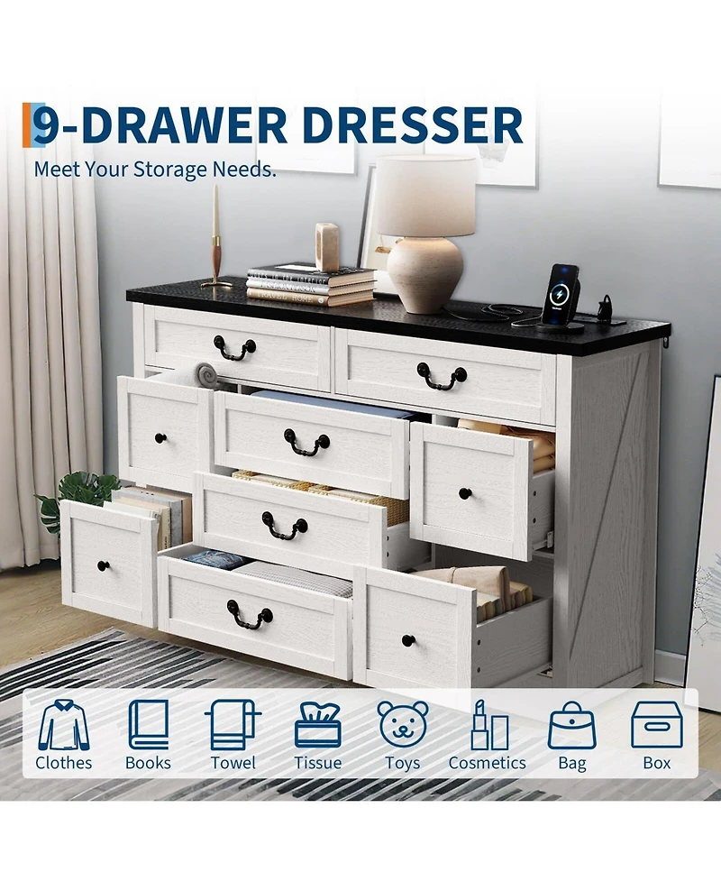 Gaomon Dresser with Power Outlet, Farmhouse Dresser with Metal Handle