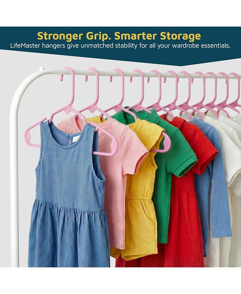 Lifemaster Kids Plastic Hangers, Pink, 11.6", with shoulder notches, space-saving, hold 5 lbs, ideal for baby, toddler & kids clothes, 30-pack.
