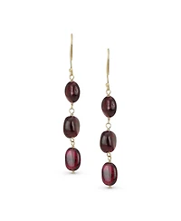 Bling Jewelry Long Linear Yellow 14K Gold Three Oval Natural Garnet Turquoise Tanzanite Dangling Earrings Fish Hook