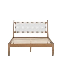 Boyel Living Queen Bed with Woven White Leather Back and Natural Wood Frame