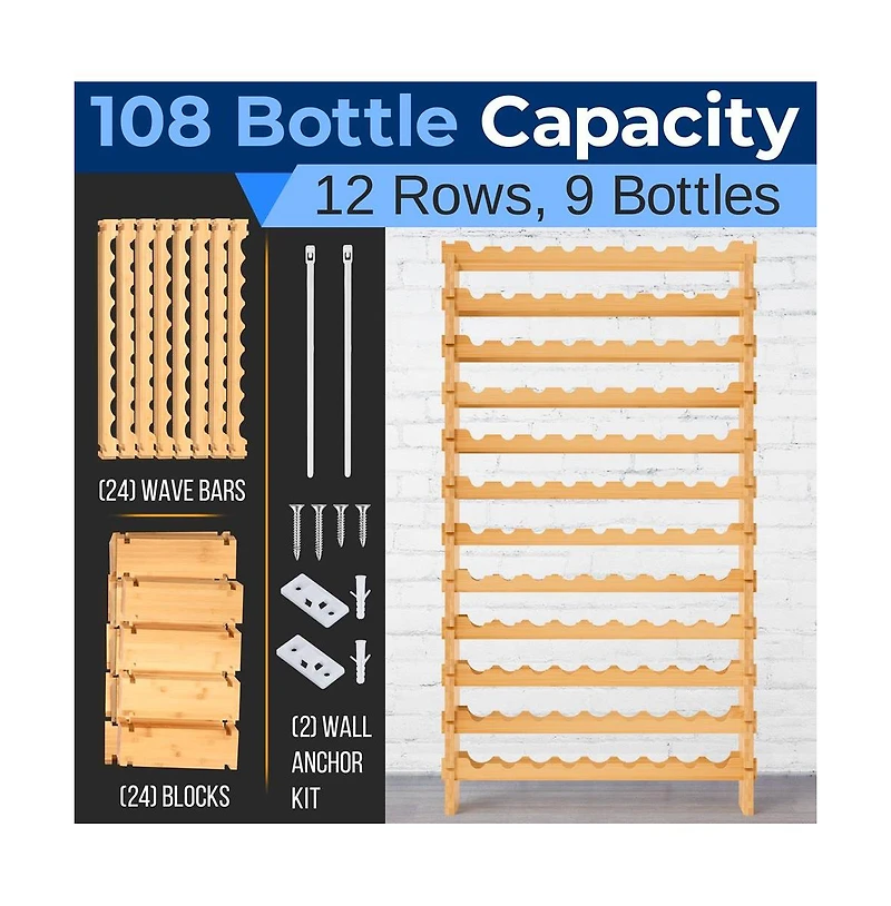NutriChef 12-Tier Bamboo Wine Shelf for 108 Bottles with Adjustable Shelves