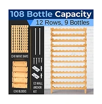 NutriChef 12-Tier Bamboo Wine Shelf for 108 Bottles with Adjustable Shelves