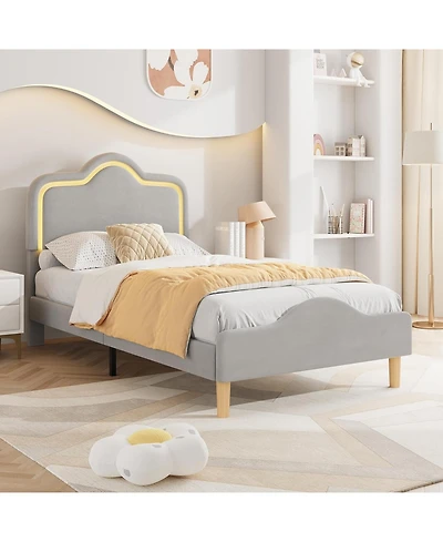Gaomon Size Velvet Led Bed Frame with Adjustable Headboard, Princess Platform Bedframe for Kids/Girls, No Box Spring Needed