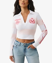 True Religion Women's Long Sleeve Embroidered Baby Polo Top