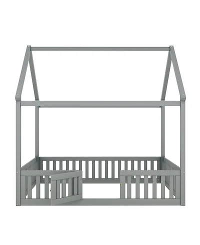 Boyel Living Full Size Wood House Bed with Fence and Door