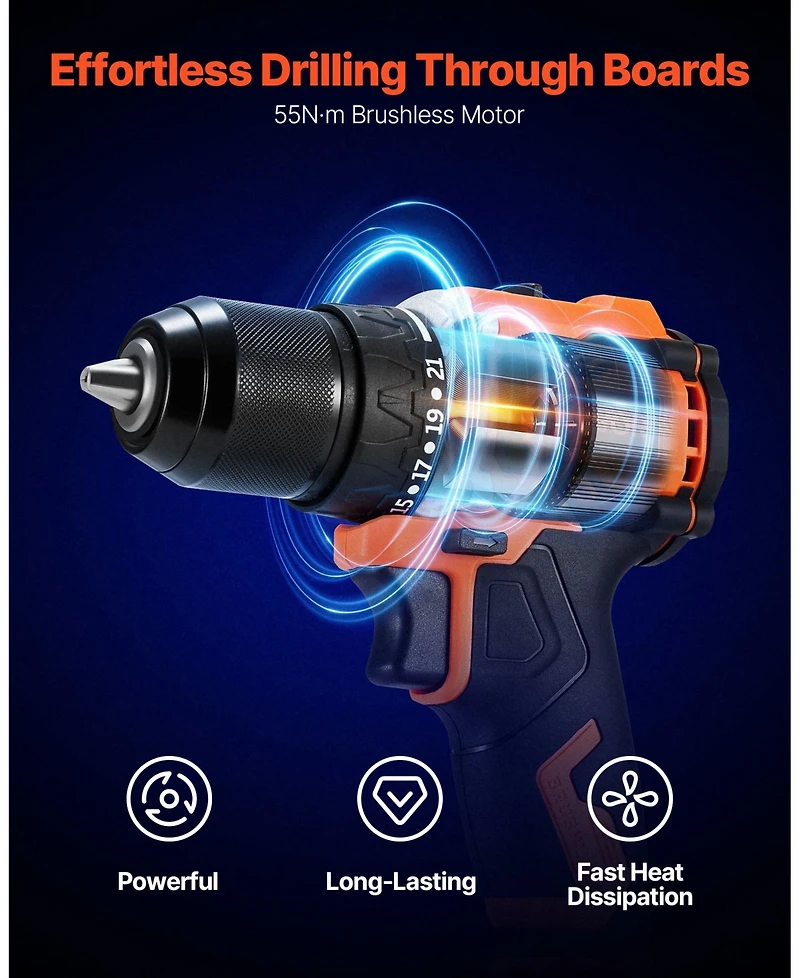 Mecale Cordless Drill Driver Kit, 1/2" Metal Chuck, Brushless Motor, Dual-Speed Variable, Battery & Charger, Tool Box Included