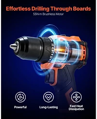 Mecale Cordless Drill Driver Kit, 1/2" Metal Chuck, Brushless Motor, Dual-Speed Variable, Battery & Charger, Tool Box Included