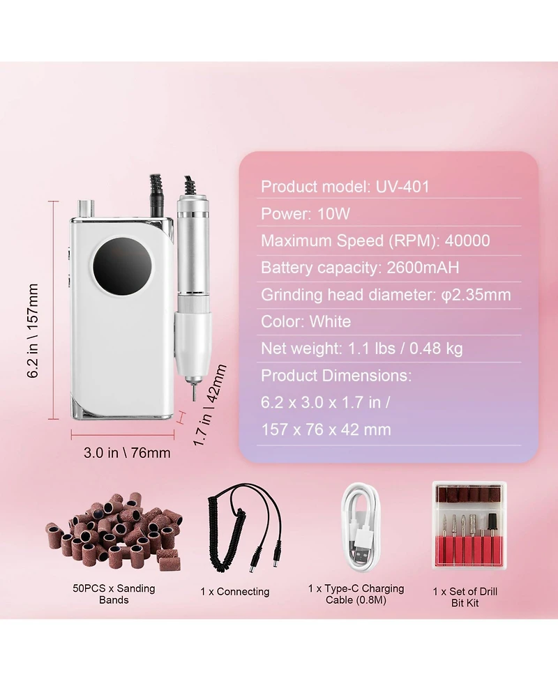 Mecale 40,000RPM Cordless Nail Drill, Lcd Display, 6 Bits & 50 Sanding Bands.