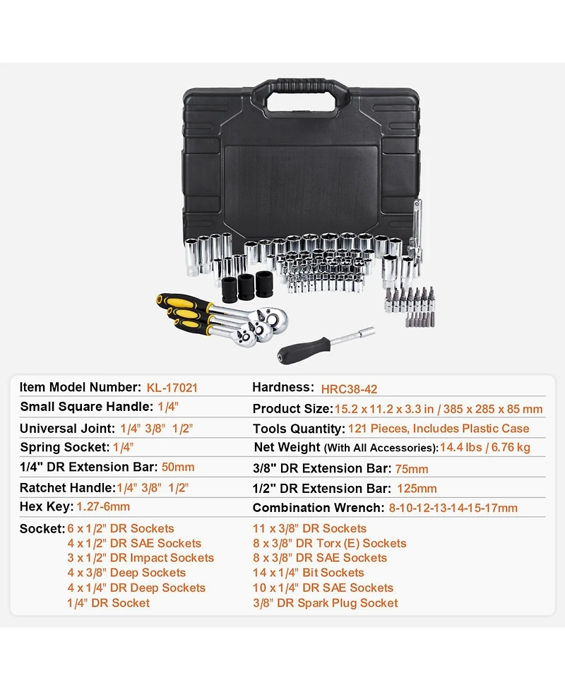 Mecale 121-Piece Mechanics Tool Set, 1/4" 3/8" 1/2" Drive Sae & Metric Sockets, Bits, Wrenches, Ratchet, Plastic Case