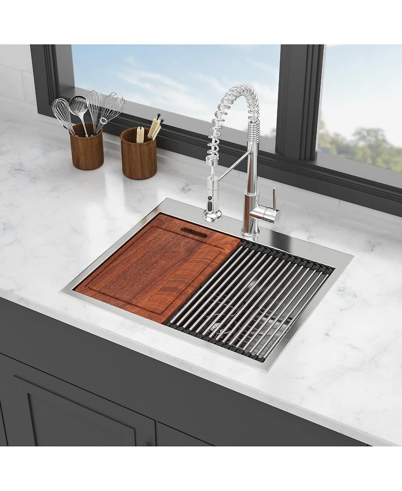 Flynama 25"x22"x9" Stainless Steel Kitchen Sink Workstation, Single Bowl, 16 Gauge.