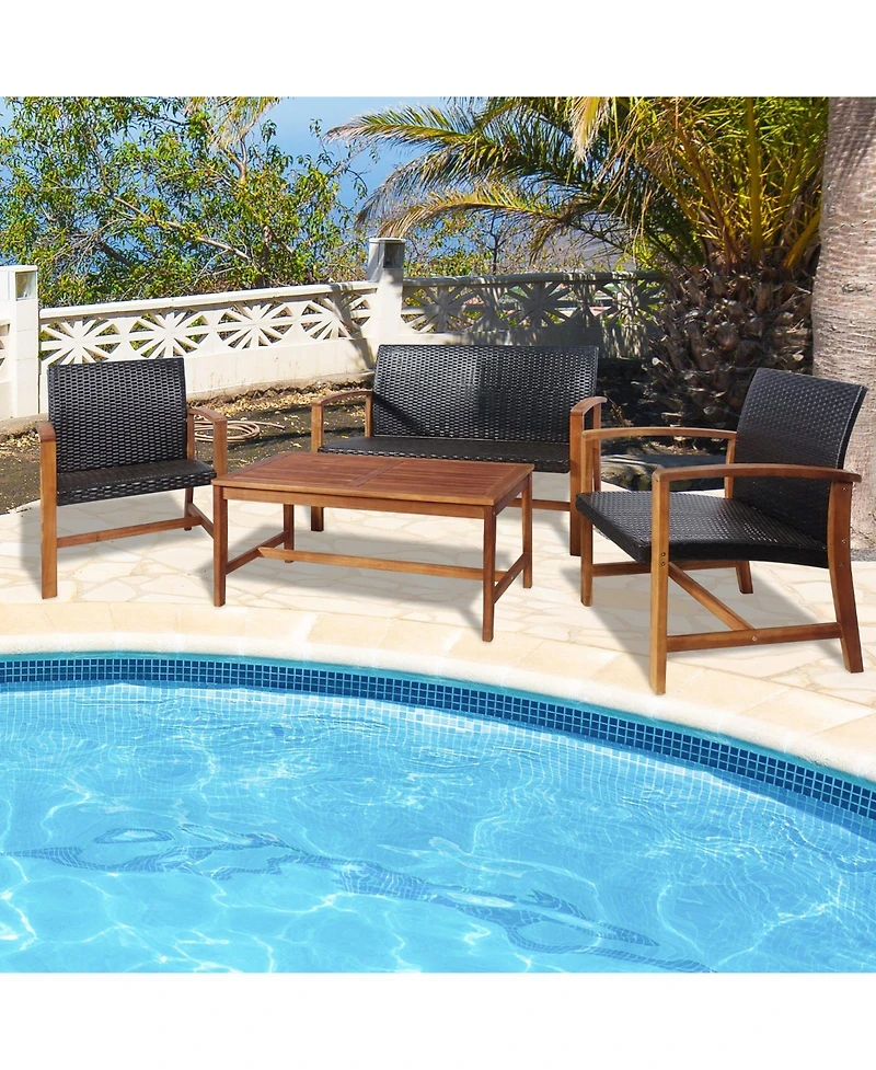 Slickblue 4PCS Patio Rattan Seating Set with Acacia Wood Base