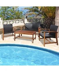 Slickblue 4PCS Patio Rattan Seating Set with Acacia Wood Base