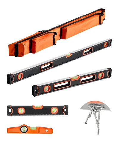 Mecale 4-Piece Magnetic Box Level Set, 48/24/16/10", Light-Up Bubble Vials, 45/90/180° Ruler, Sae/Metric Scale, Aluminum Alloy