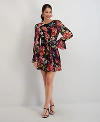 Siena Women's Printed Chiffon Boat Neck Short Dress