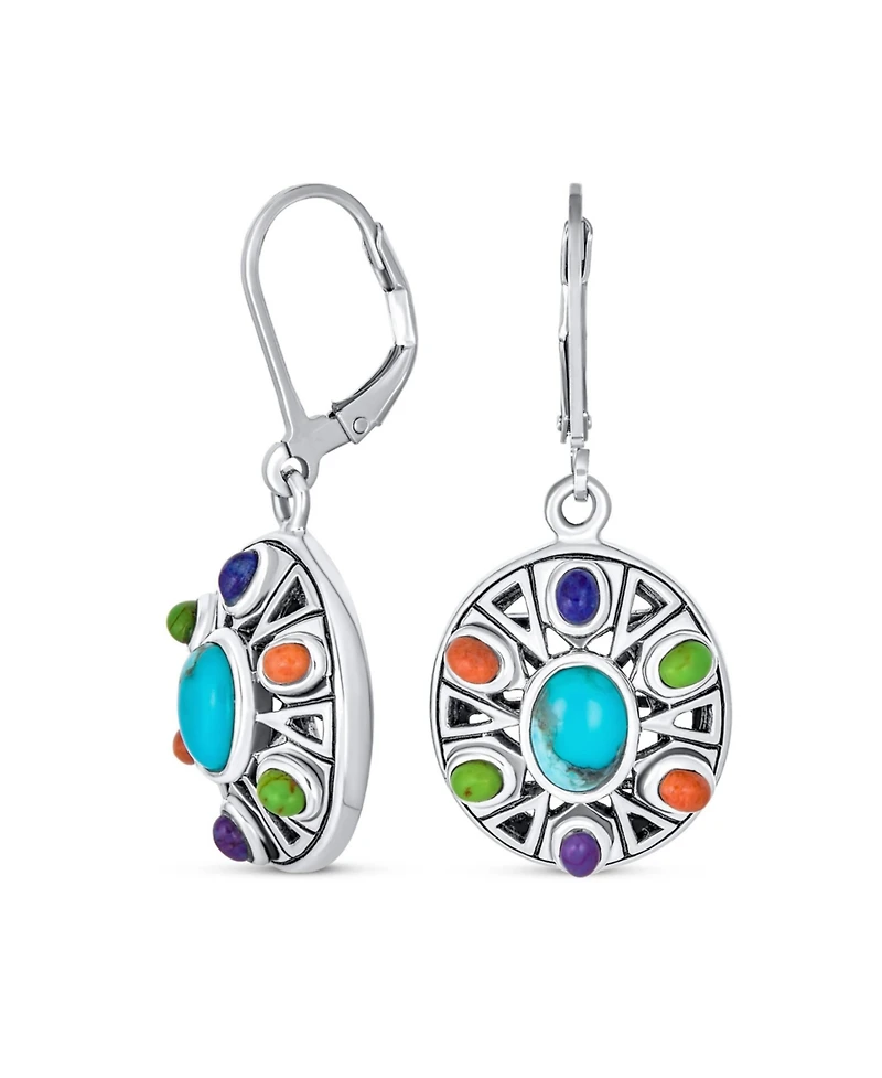 Bling Jewelry Native American Style Multi Color Round Lapis Turquoise Drop Earrings Silver