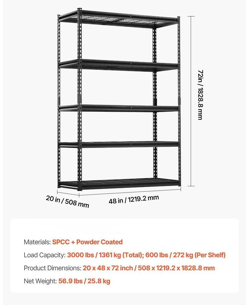 Mecale 5-Tier Storage Shelves, 3000-Lb Capacity, Adjustable Heavy-Duty Utility Rack