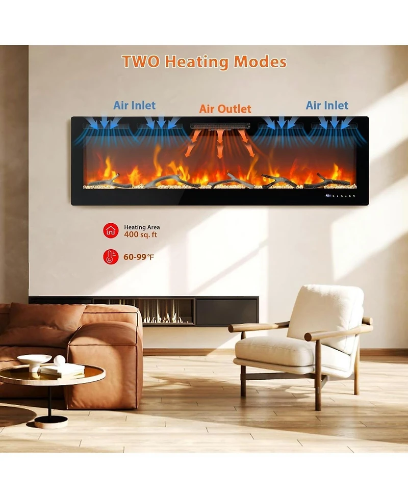 Gaomon 90" Electric Fireplace Insert, Ultra-Slim Wall Mounted/Recessed Heater, 12 Flame Colors, WiFi, Remote & Touchscreen, Adjustable Thermostat