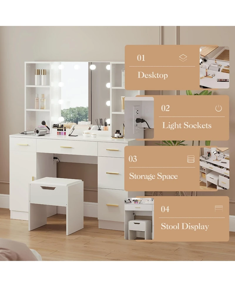 gaomon Farmhouse Vanity Set with Lighted Mirror,56 Inch Modern Makeup Vanity with Charging Station&Storage Shelves