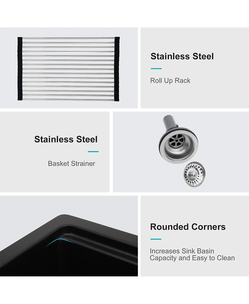 flynama 33x22x9.65 Inch Black Granite Composite Quartz Workstation Drop In Kitchen Sink