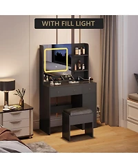 gaomon Vanity Desk and Stool with Mirror and Lights，Makeup Vanity with Charging Station, Drawers